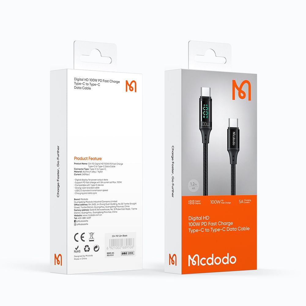 Mcdodo - Data Cable (CA-1100) - Type-C to Type-C, with Digital Display, Nylon Braided, Aluminum Alloy, 100W, 1.2m - Blac
