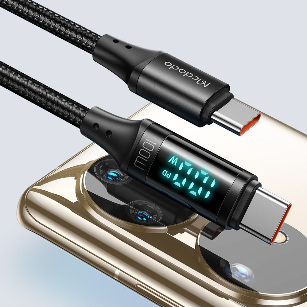 Mcdodo - Data Cable (CA-1100) - Type-C to Type-C, with Digital Display, Nylon Braided, Aluminum Alloy, 100W, 1.2m - Blac