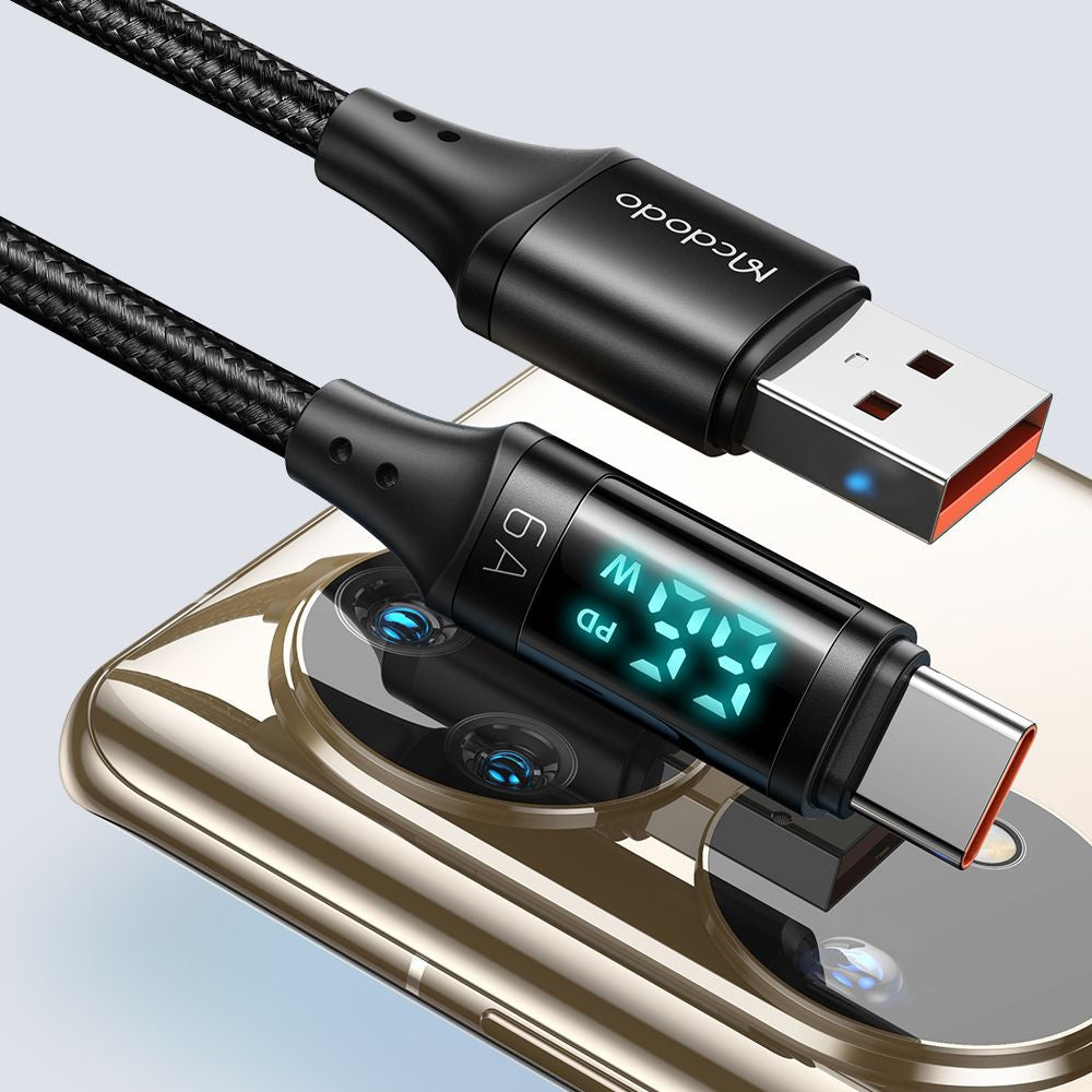 Mcdodo - Data Cable (CA-1080) - USB 2.0 to Type-C, with Digital Display, Nylon Braided, Aluminum Alloy, 6A, 1.2m - Black