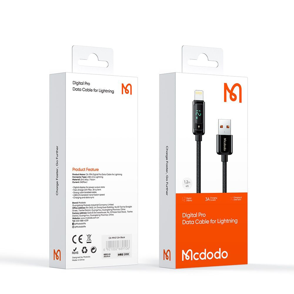 Mcdodo - Data Cable (CA-9940) - USB-A to Lightning, 3A, Digital Display, 1.2m - Black