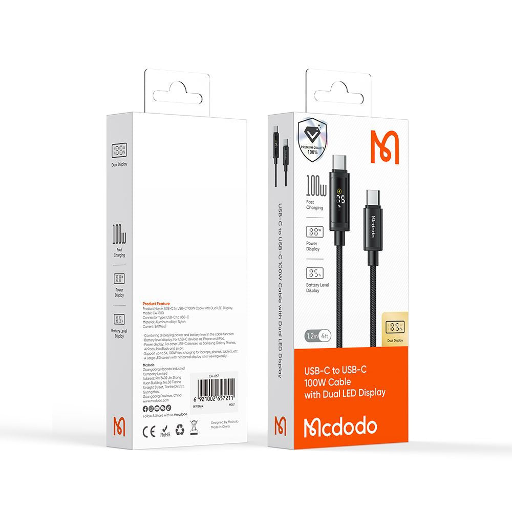 Mcdodo - Data Cable (CA-8000) - USB-C to USB-C, Dual LED Display, 100W, Fast Charging, 1.2m - Black