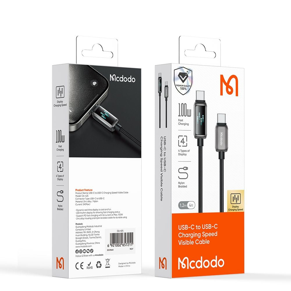 Mcdodo - Data Cable (CA-4250) - USB-C to USB-C, 100W, LED Display, PD Fast Charging, 1.2m - Black