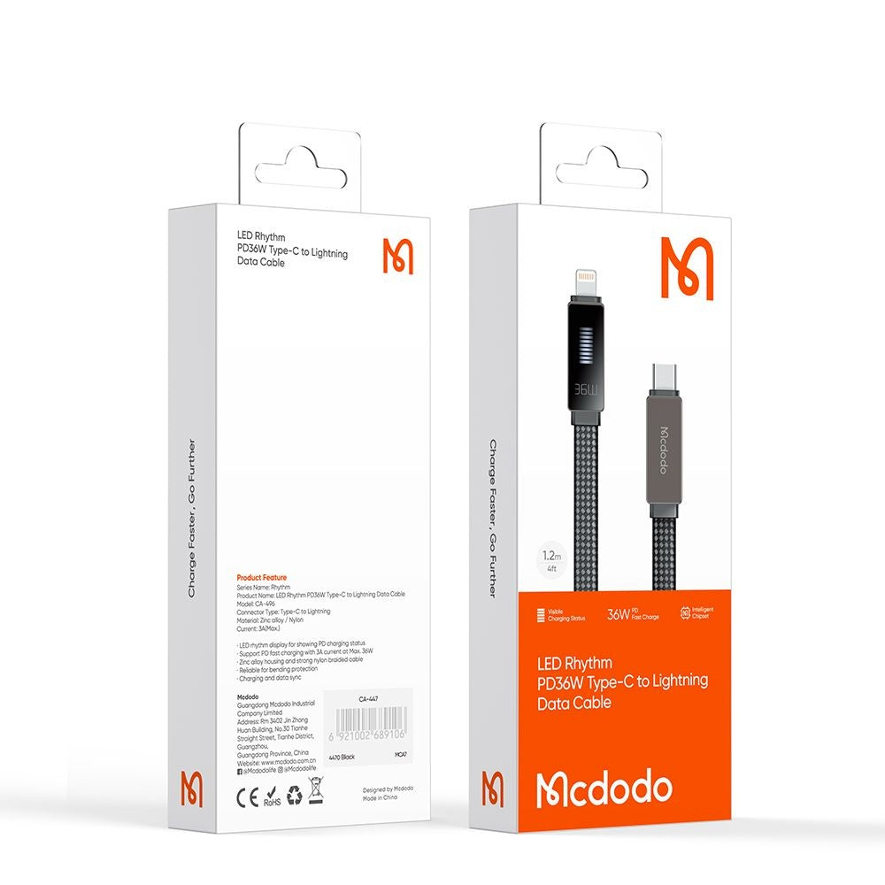 Mcdodo - Data Cable Rythm Series (CA-4960) - Type-C to Lightning, 36W, LED Display, Fast Charging, 1.2m - Black