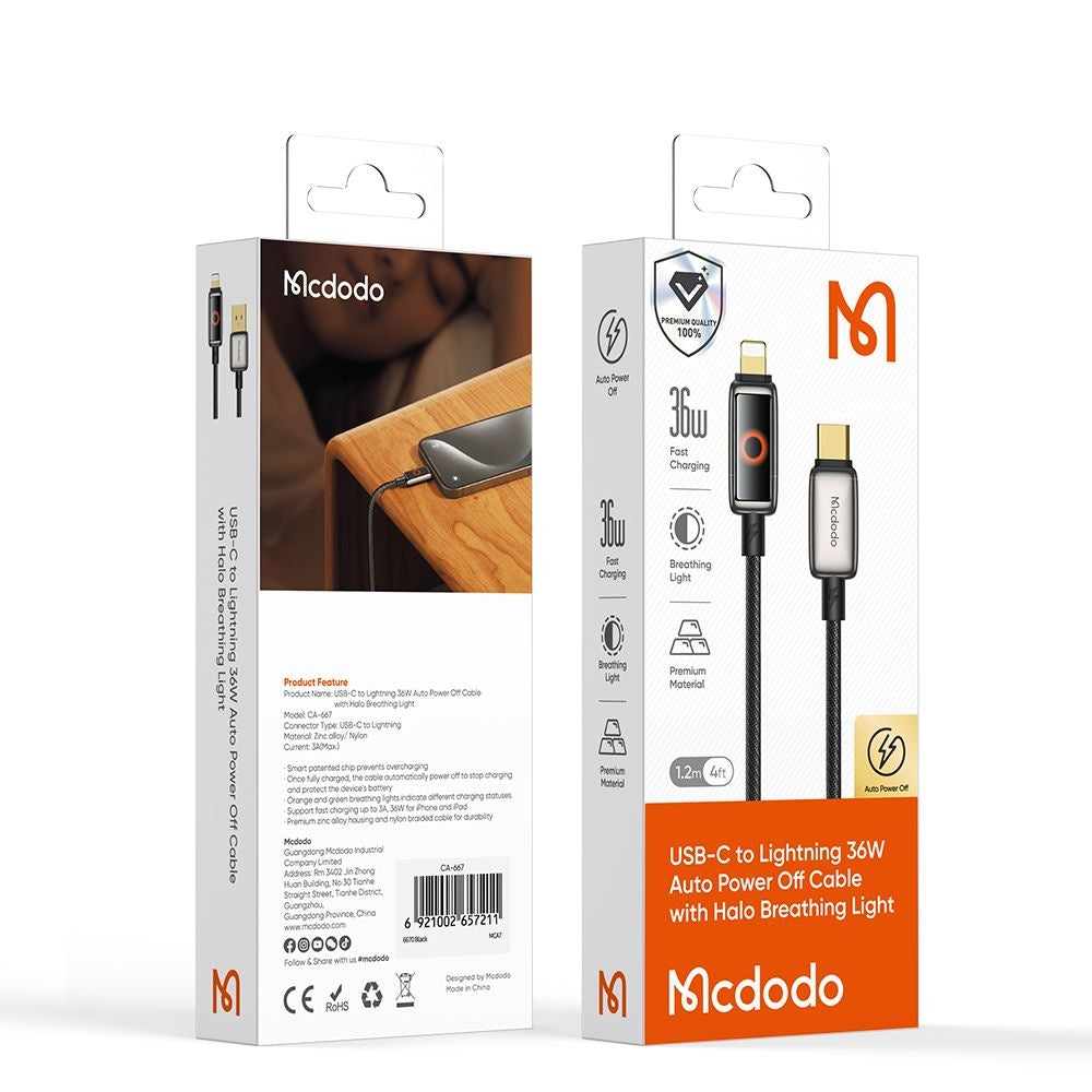 Mcdodo - Data Cable (CA-6670) - with Breathing Light LED Display, USB-C to Lightning, Auto Power Off, 36W, 1.2m - Black