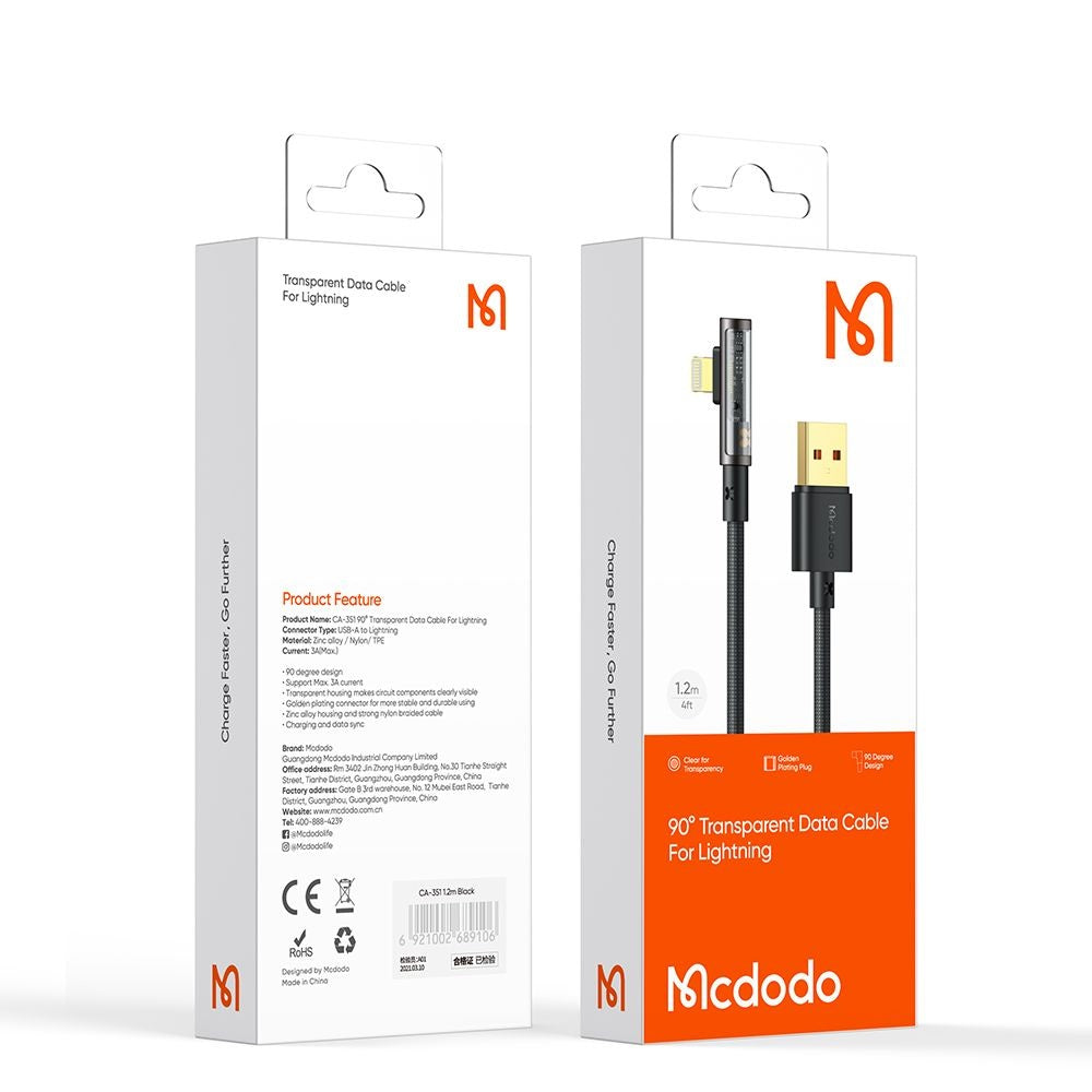 Mcdodo - Data Cable (CA-3510) - USB-A to Lightning, 90 Degree Design, 3A, Transparent Design, 1.2m - Black