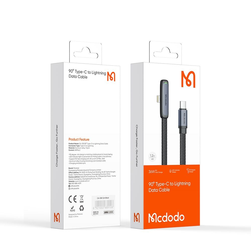Mcdodo - Data Cable (CA-3350) - Type-C to Lightning, 90 Degree Design, 36W, LED Indicator, 1.2m - Black
