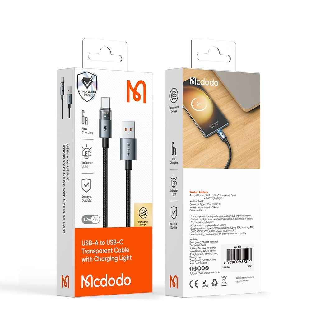 Mcdodo - Data Cable (CA-6890) - with Charging Light, USB-C to USB-A, Transparent Cable, 6A, 1.2m - Black