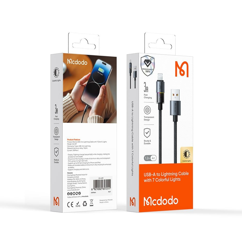 Mcdodo - Data Cable (CA-8170) - with Colorful Lights, USB-A to Lightning, 3A, 1.2m - Black