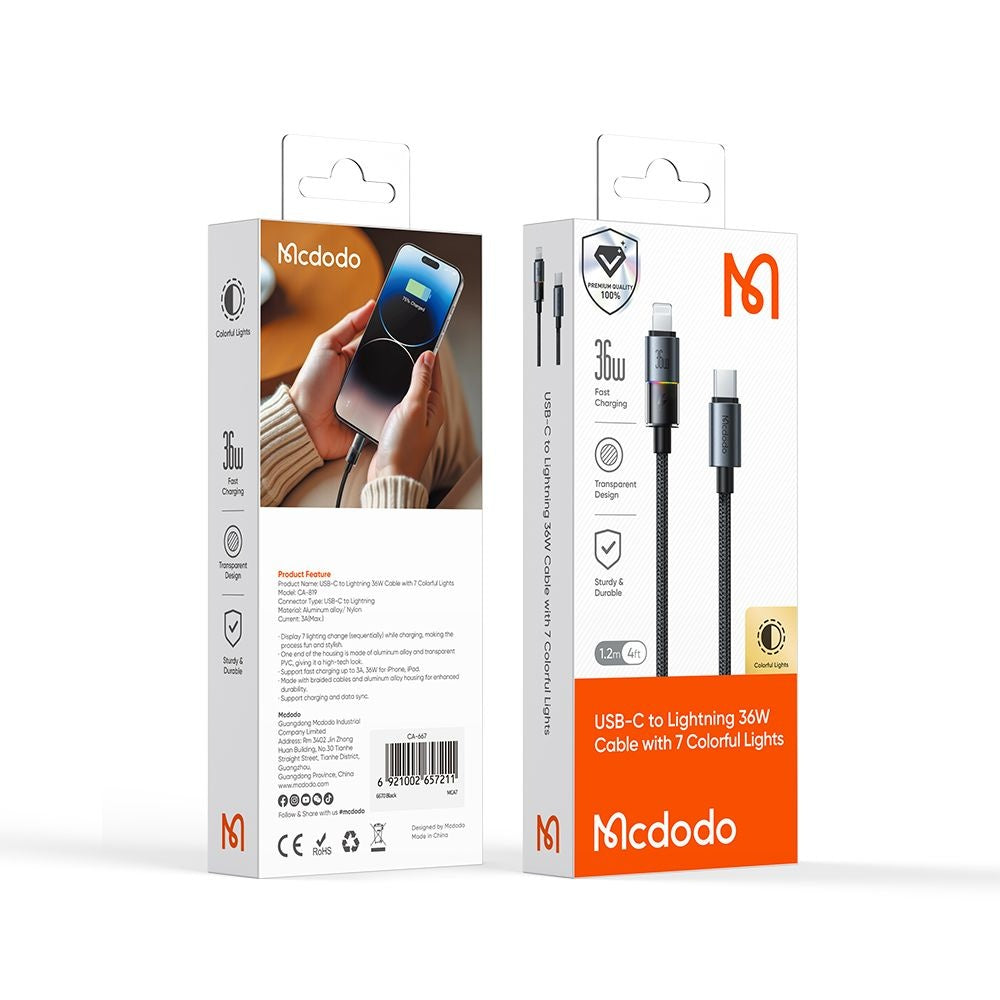 Mcdodo - Data Cable (CA-8190) - with 7 Colorful Lights, USB-C to Lightning, 36W, 3A, 1.2m - Black