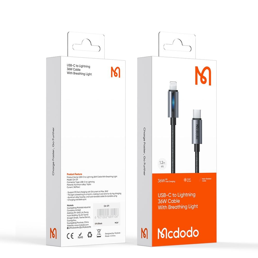 Mcdodo - Data Cable (CA-5710) - with Breathing Light, USB-C to Lightning, 36W, 3A, 1.2m - Black