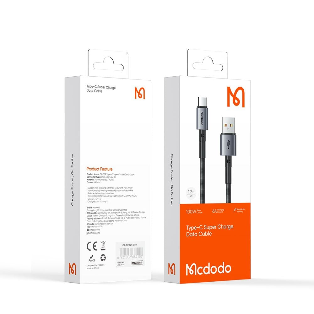 Mcdodo - Data Cable (CA-3590) - Type-C to USB-A, PD Fast Charge, 3A, 100W, 1.2m - Black