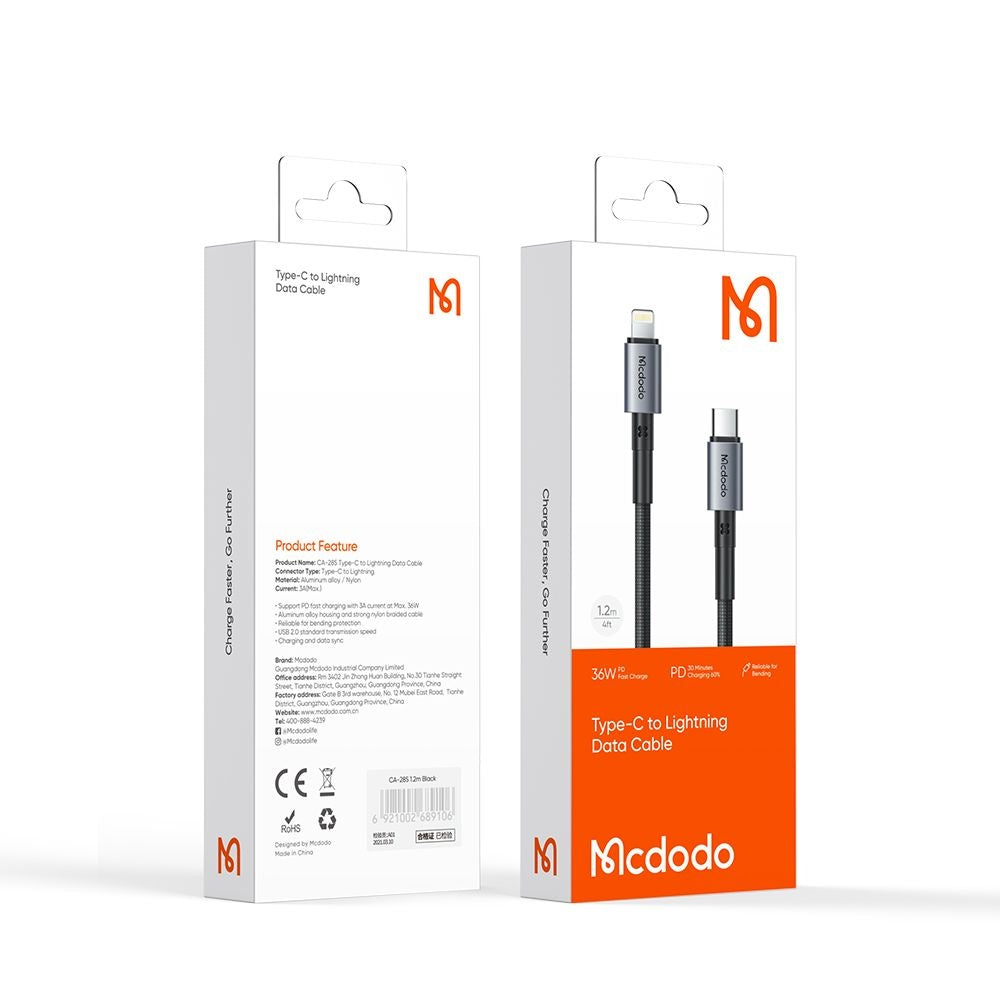 Mcdodo - Data Cable (CA-2850) - Type-C to Lightning, PD Fast Charging, 3A, 36W, 1.2m - Black