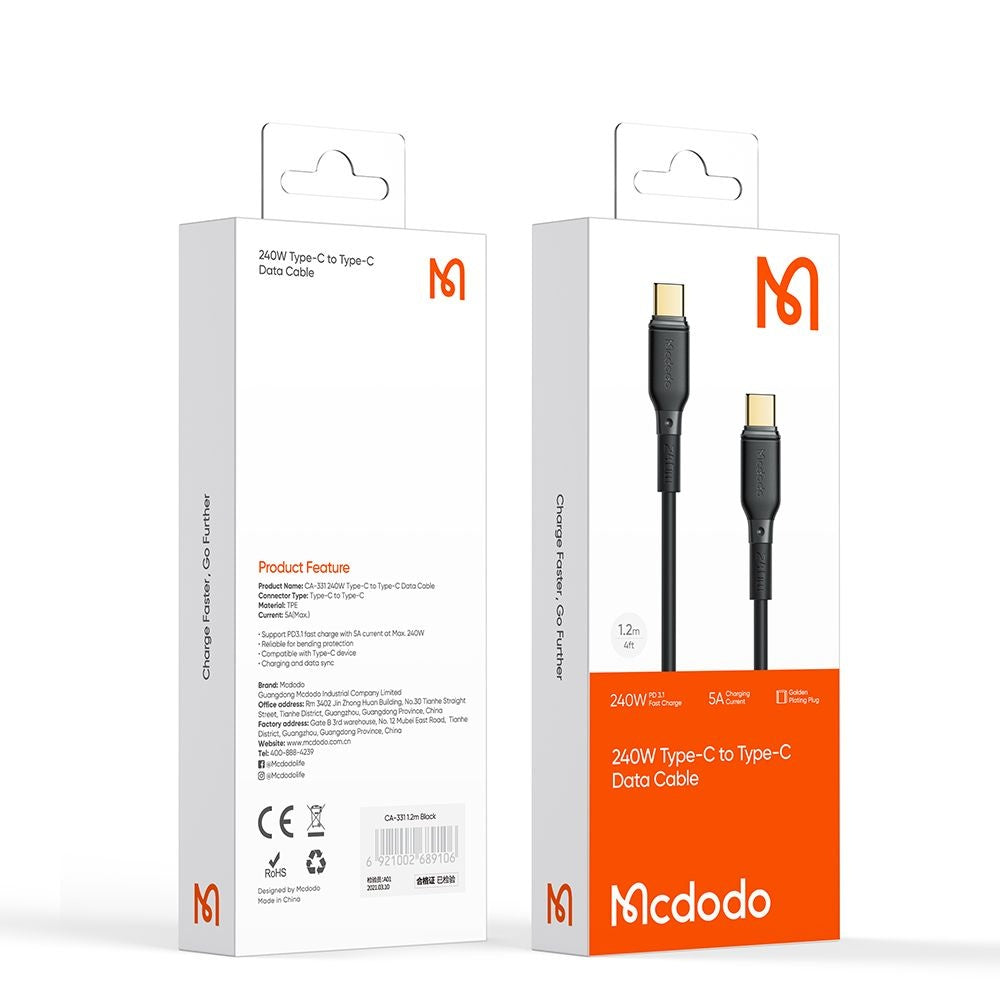 Mcdodo - Data Cable (CA-3310) - Type-C to Type-C, Fast Charge, 240W, 5A, 1.2m - Black