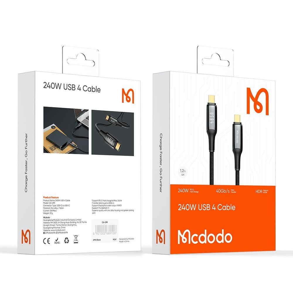 Mcdodo - Data Cable (CA-2990) - Type-C to Type-C, 240W, Thunderbolt 3, 40Gb/s, 8K Ultra HD, 1.2m - Black