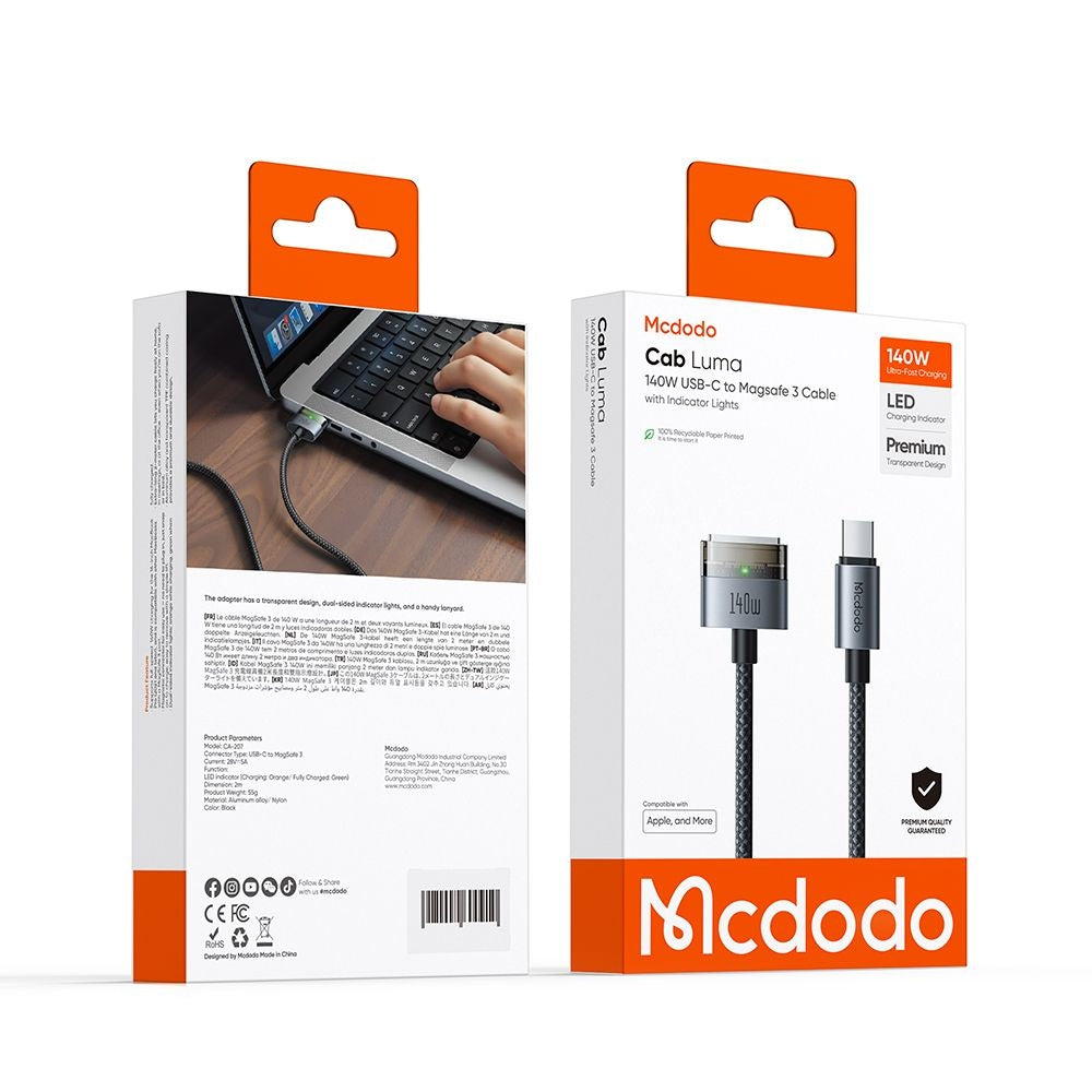 Mcdodo - Magnetic Cable (CA-2070) - USB-C to MagSafe 3, 140W, LED Indicator, 2m - Black