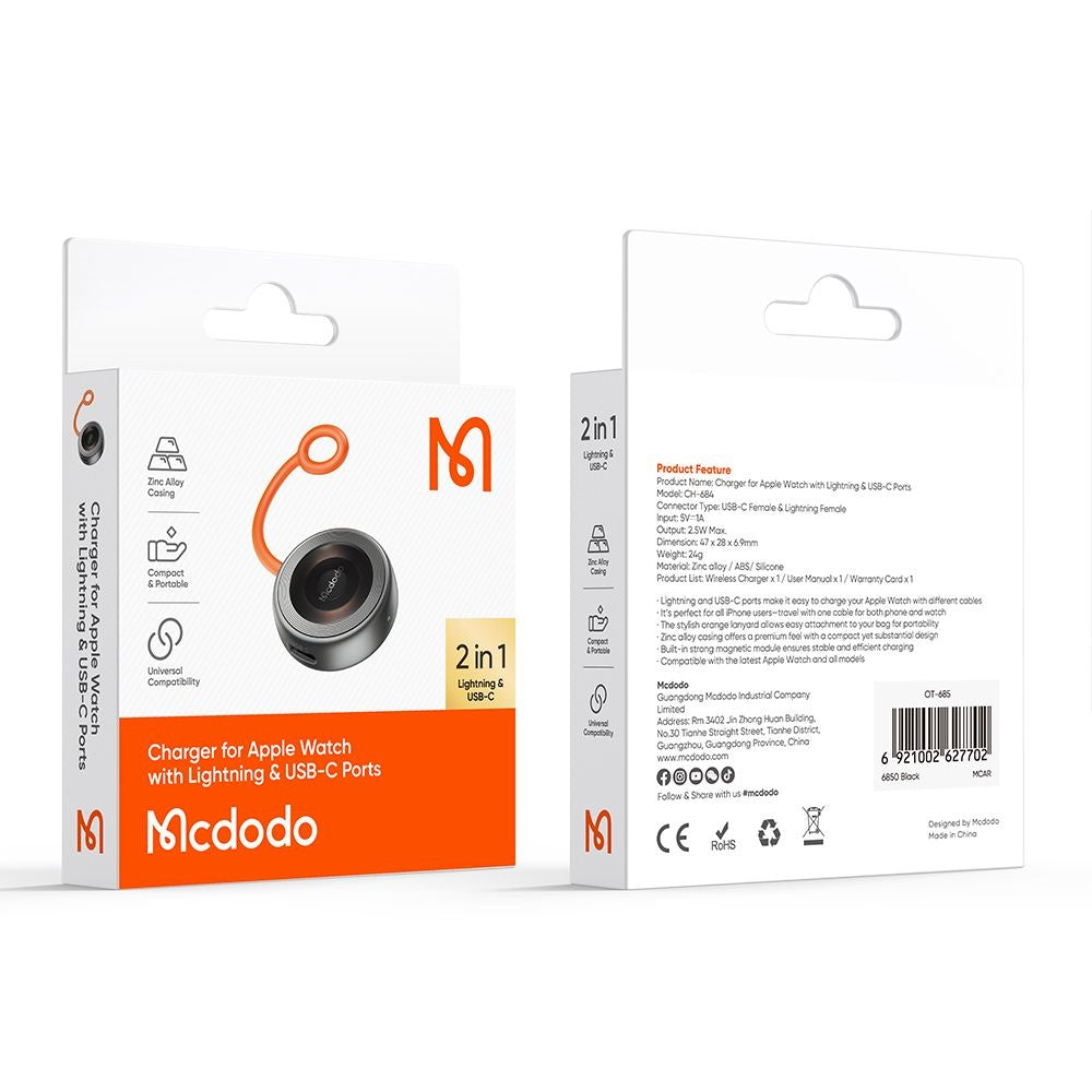 Mcdodo - Wireless Charger (CH-6840) - for Apple Watch, Dual Input, 2.5W, Anti-lost Silicone Lanyard - Black