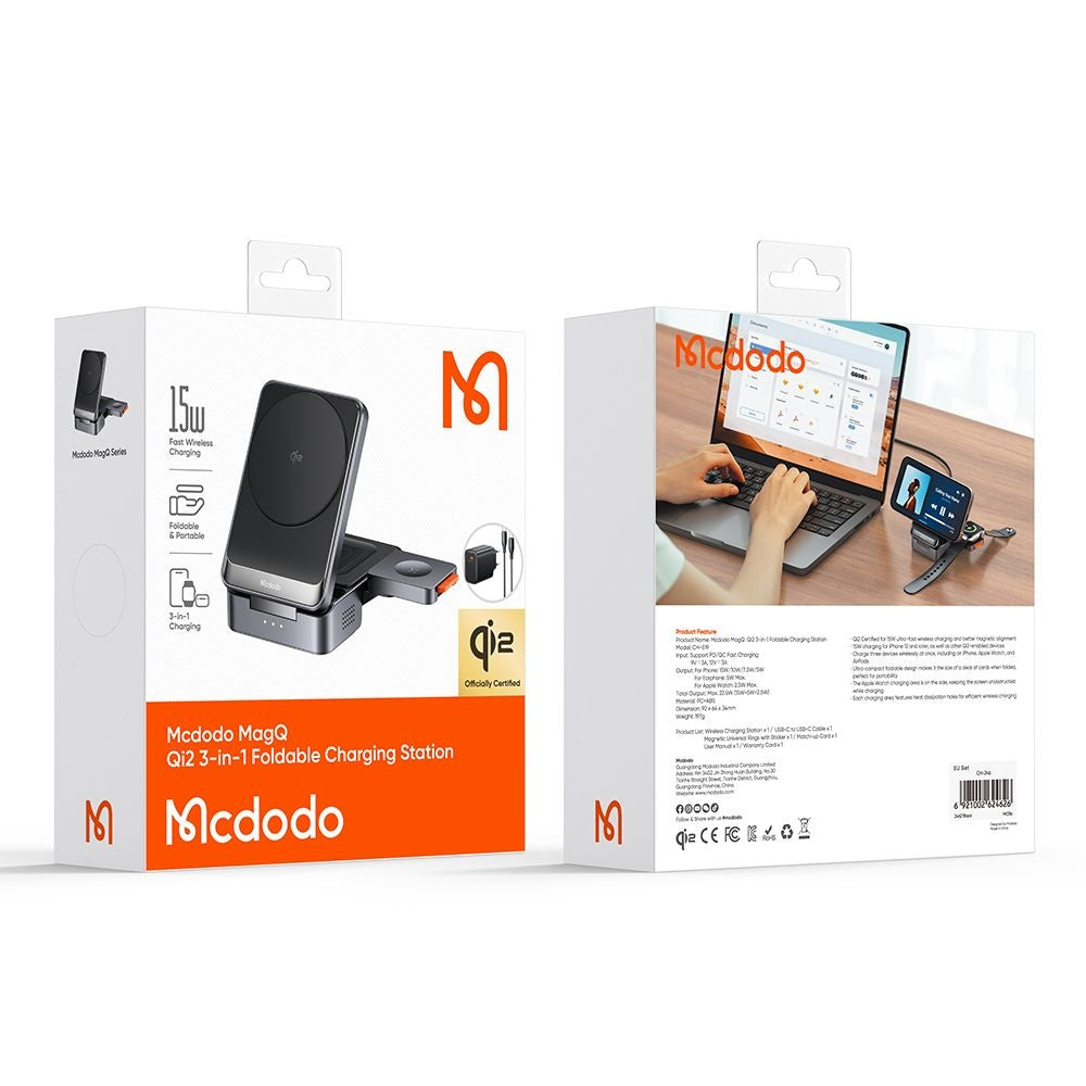 Mcdodo - Wireless Charging Station (CH-5192) - with Wall Charger + Type-C Cable, Qi2, 22.5W, MagQ - Grey