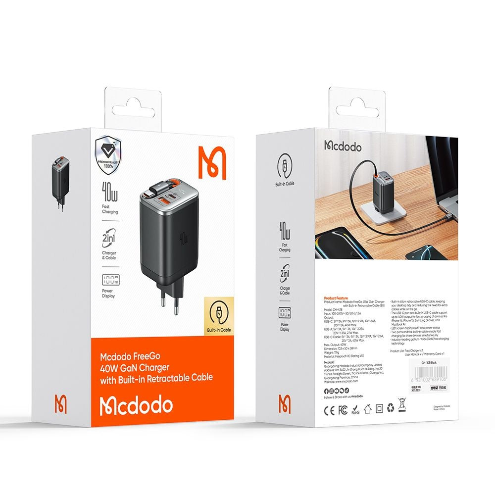 Incarcator Mcdodo (CH-4281), USB-A/USB-C, 40W, Cablu Retractabil, Negru