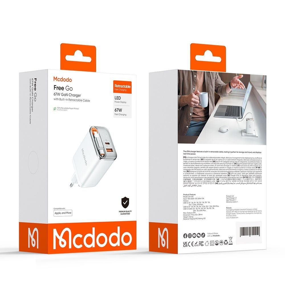 Incarcator Mcdodo (CH-4103), USB-A/C, 67W, Cablu Retractabil, Alb