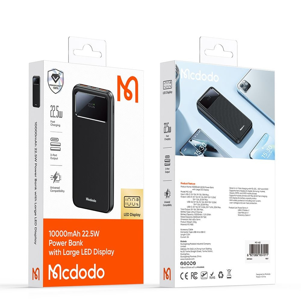Mcdodo - Power Bank (MC-4220) - Type-C + 2x USB-A Ports, 10000mAh, 22.5W, LED Display - Black
