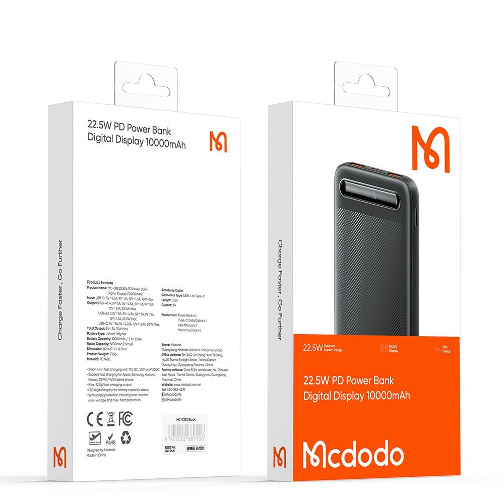 Mcdodo - Power Bank Star Series (MC-3881) - Type-C + 2x USB, 10000mAh, 22.5W, Digital Display - Black