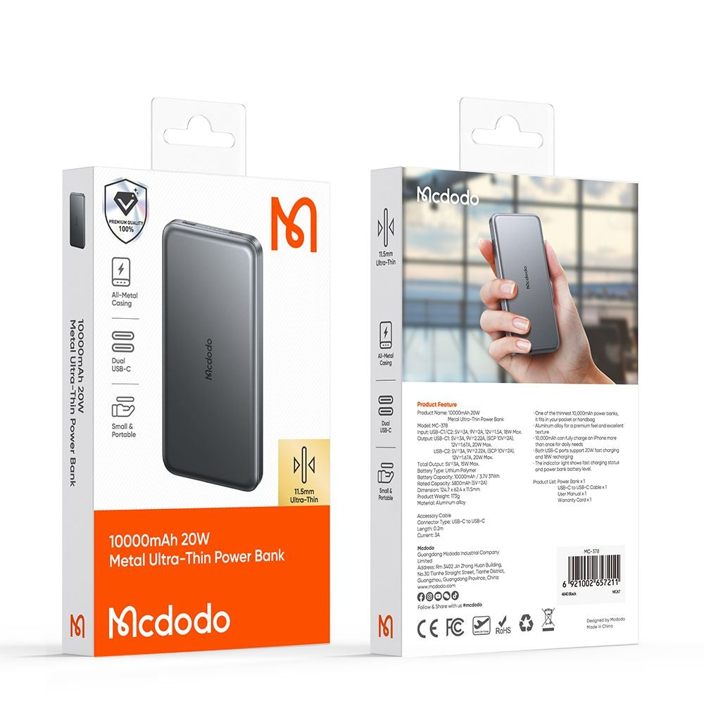 Mcdodo - Power Bank Meta Series (MC-3781) - 10000mAh, 20W, Ultra-Thin Design - Black