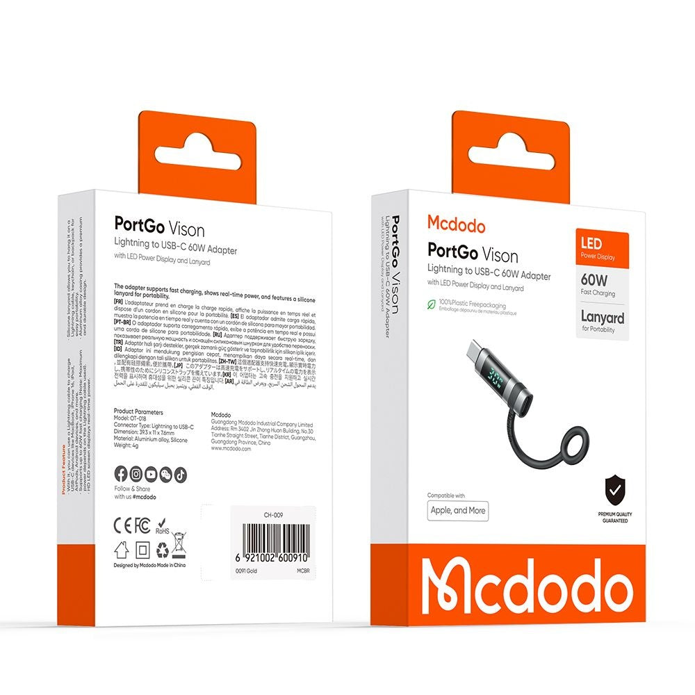 Mcdodo - Adapter Pigeon Series (OT-0180) - Silicone Hook, Aluminium Alloy, Lightning to USB-C, 60W, HD LED Display - Bla