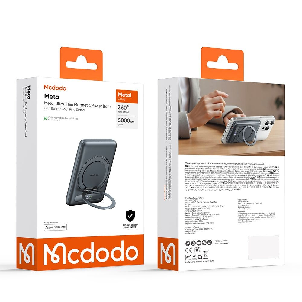 Mcdodo - Magnetic Power Bank Meta Series (MC-8361) - Built-in 360° Ring Stand, 5000mAh, 20W, Digital Display - Dark Grey