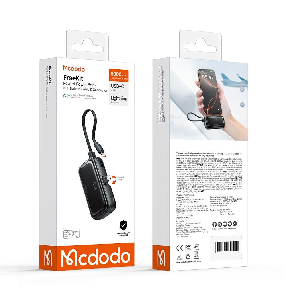 Mcdodo - Power Bank FreeKit Series (MC-7800) - with Built-in Cable & Connector Lightning, 5000mAh, 22.5W - Black