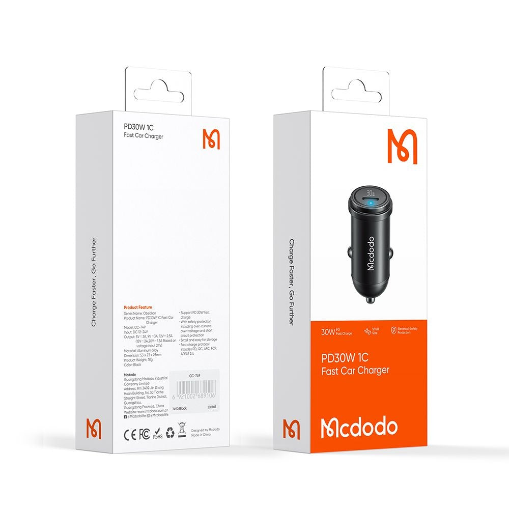Mcdodo - Car Charger Obsidian Series (CC-7491) - Type-C, PD30W, Smart IC, Mini Size, 1.2m - Black