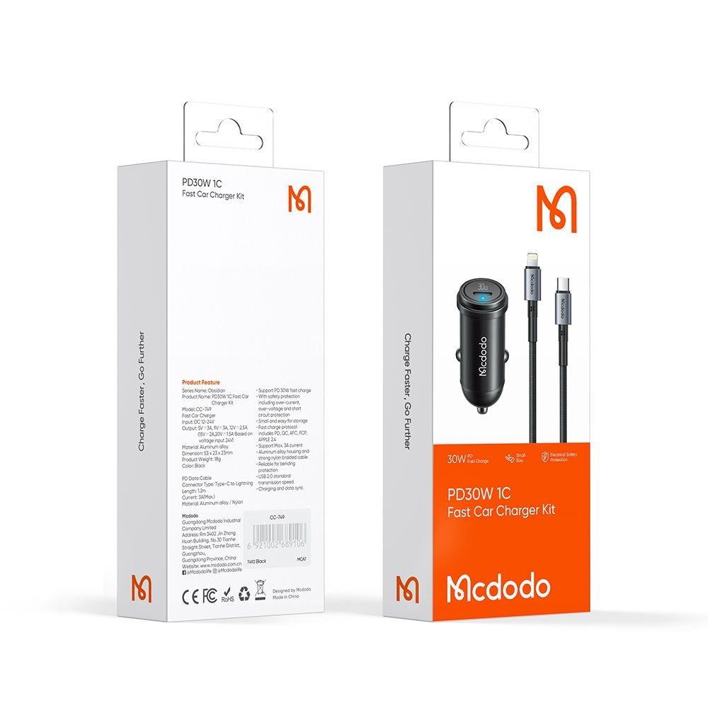 Mcdodo - Car Charger Obsidian Series (CC-7492) - Type-C to Lightning Cable Included, PD30W, Smart IC, Mini Size, 1.2m - 