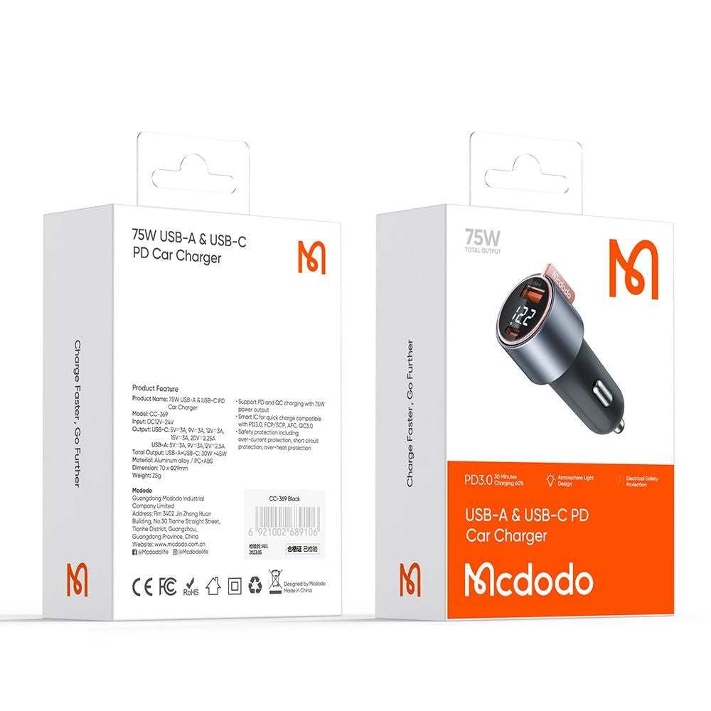 Mcdodo - Car Charger Venus Series (CC-3690) - Dual Port, Fast Charger, PD75W, Digital Display, 12-24V - Black