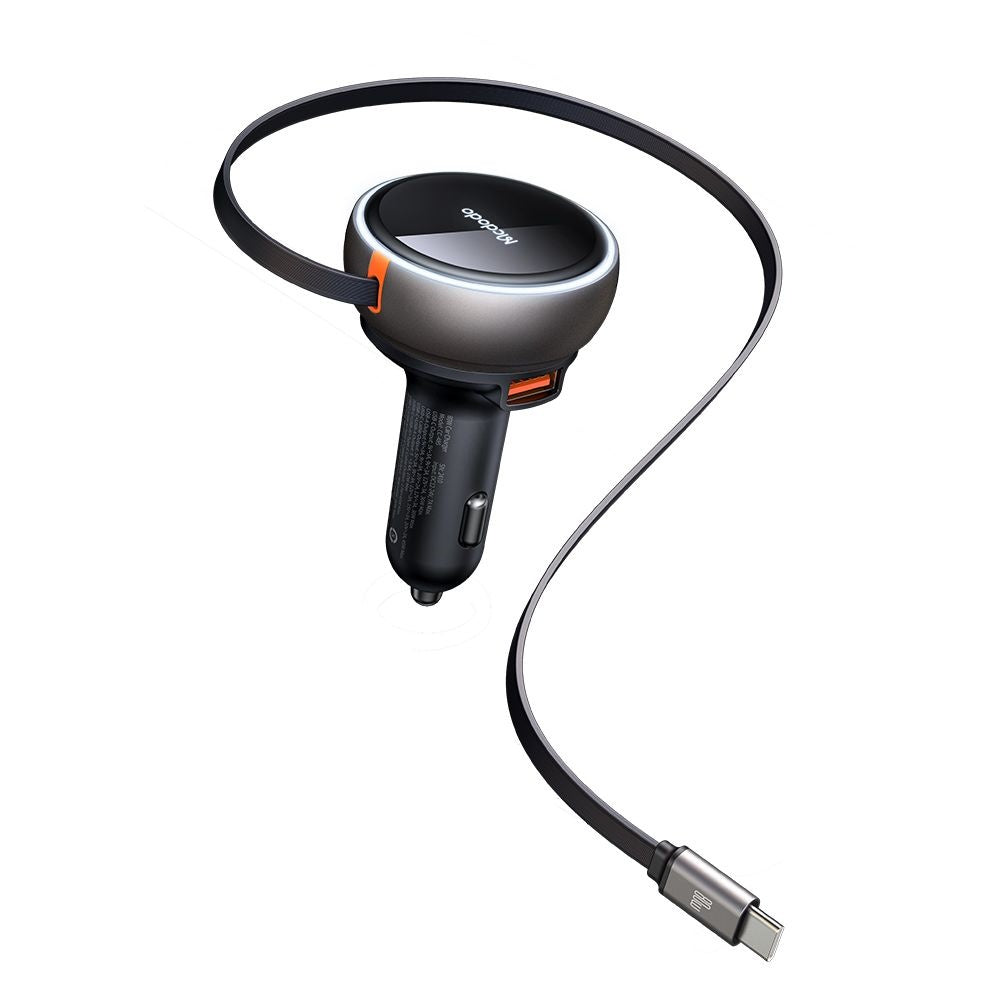Mcdodo - Car Charger (CC-4850) - with USB-C Retractable Cable, 80W, Dual Port, Indicator Light Ring, 80cm - Black
