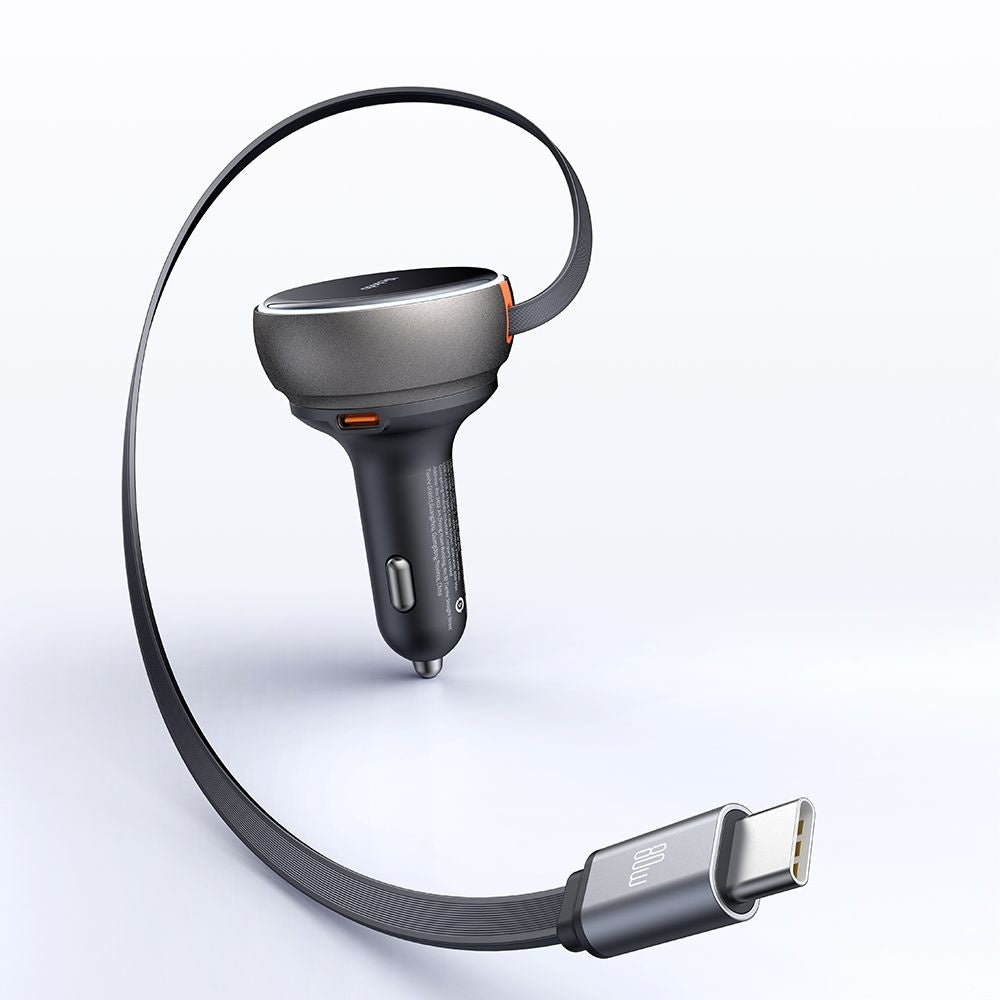 Mcdodo - Car Charger (CC-4850) - with USB-C Retractable Cable, 80W, Dual Port, Indicator Light Ring, 80cm - Black