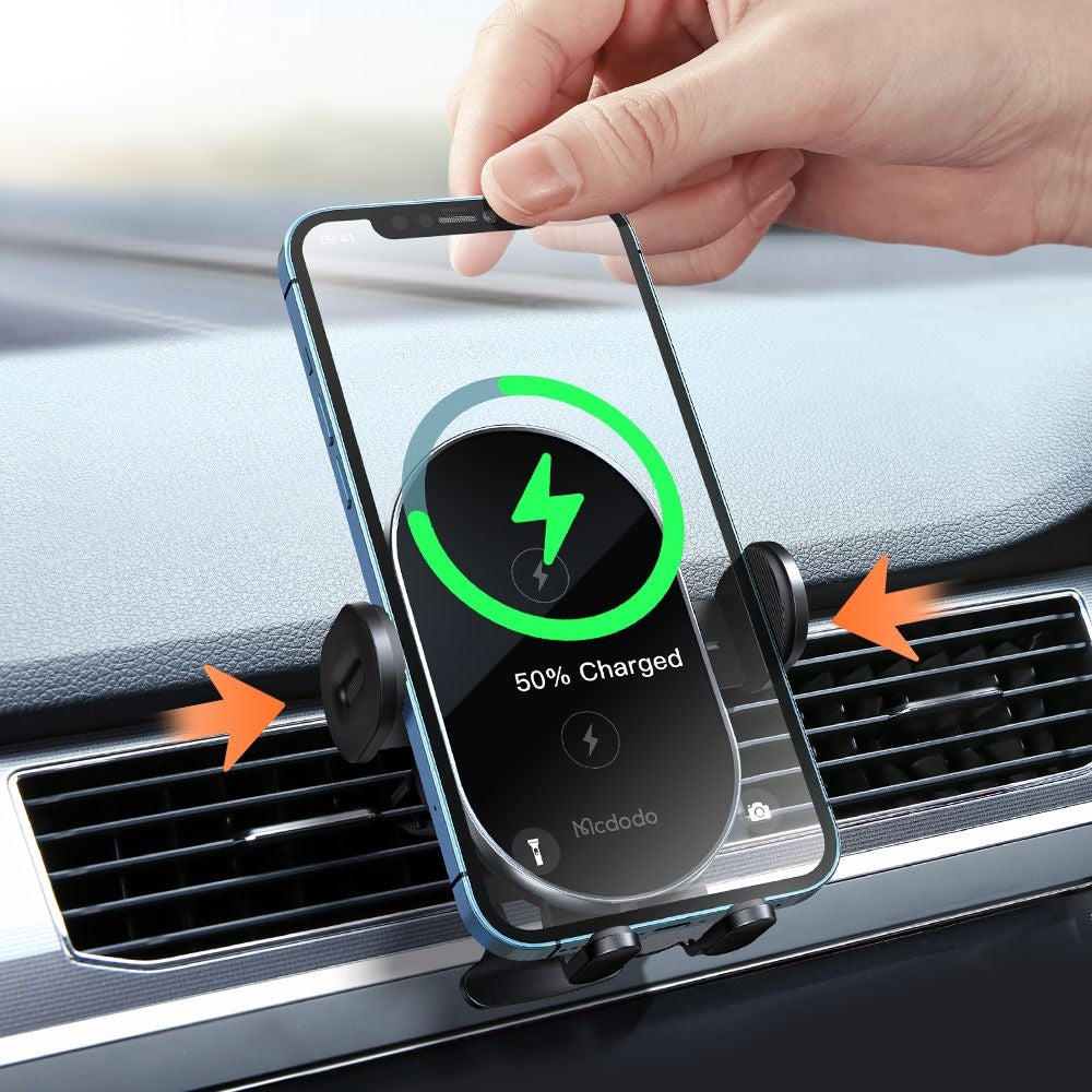 Mcdodo - Car Holder with Wireless Charging (CH-1600) - for Air Vent/Dashboard, Dual Coil, Qi2 15W, One-Hand Operation - 