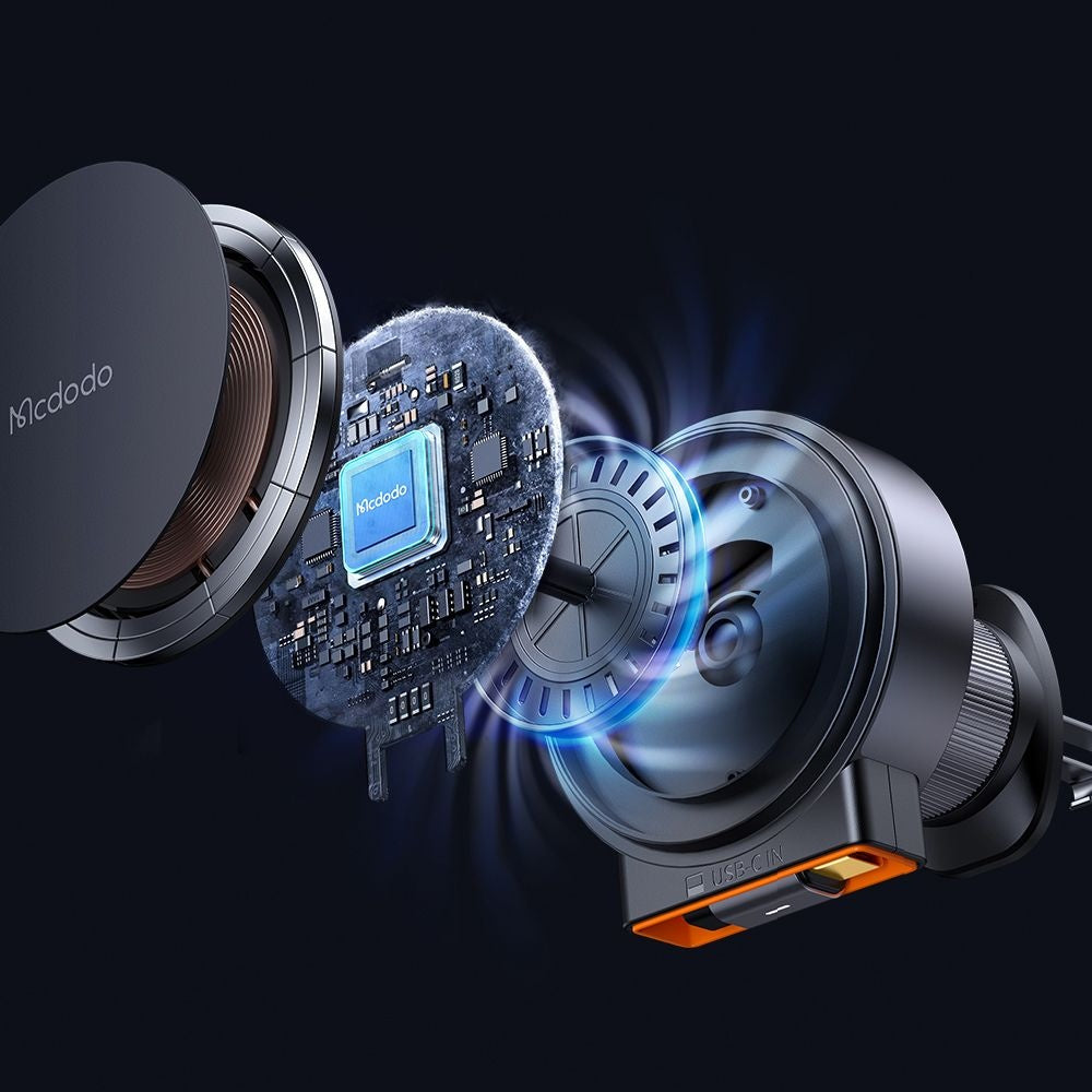 Mcdodo - Car Holder with Wireless Charging (CH-0090) - for Air Vent, 15W, Qi2, Built-in Retractable Cable - Black