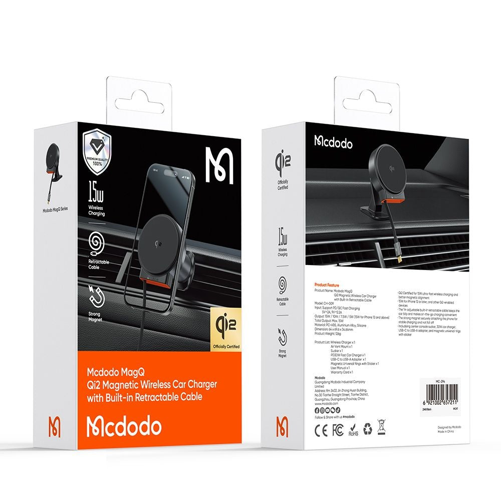 Mcdodo - Car Holder with Wireless Charging (CH-0090) - for Air Vent, 15W, Qi2, Built-in Retractable Cable - Black