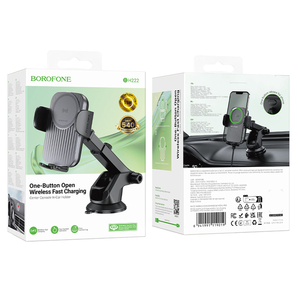 Borofone - Car Holder with Wireless Charging Leading (BH222) - for Dashboard/Windshield, Secure Grip, 15W - Black Metal 