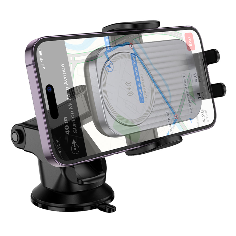 Borofone - Car Holder with Wireless Charging Leading (BH222) - for Dashboard/Windshield, Secure Grip, 15W - Black Metal 