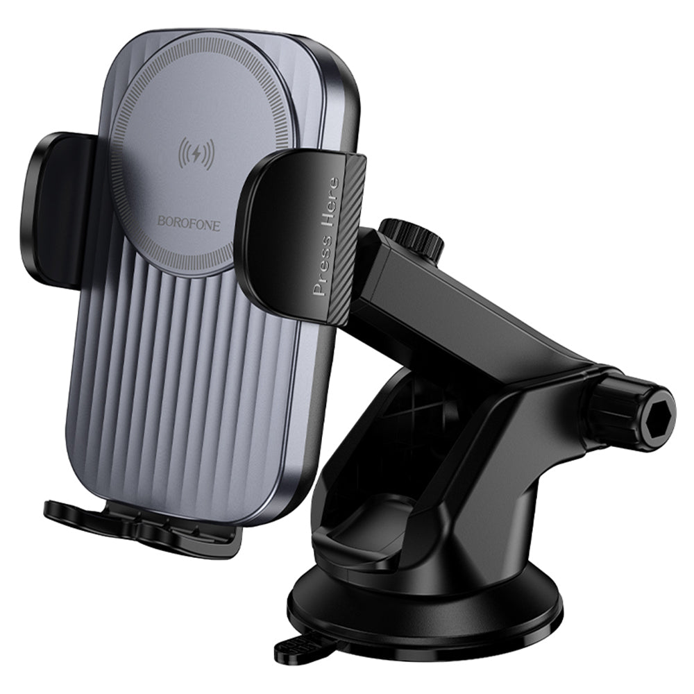 Borofone - Car Holder with Wireless Charging Leading (BH222) - for Dashboard/Windshield, Secure Grip, 15W - Black Metal 