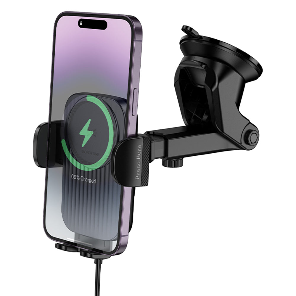 Borofone - Car Holder with Wireless Charging Leading (BH222) - for Dashboard/Windshield, Secure Grip, 15W - Black Metal 