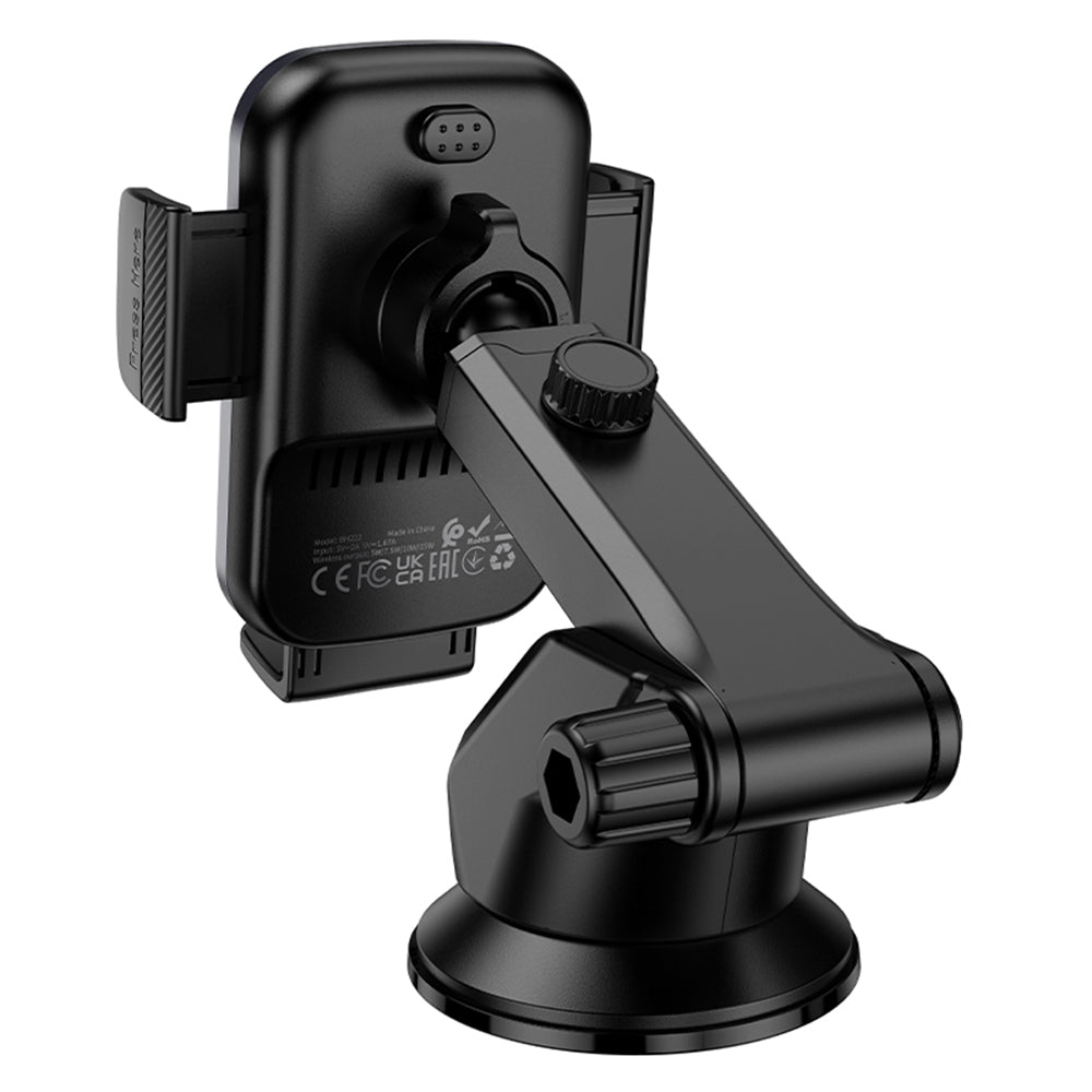 Borofone - Car Holder with Wireless Charging Leading (BH222) - for Dashboard/Windshield, Secure Grip, 15W - Black Metal 