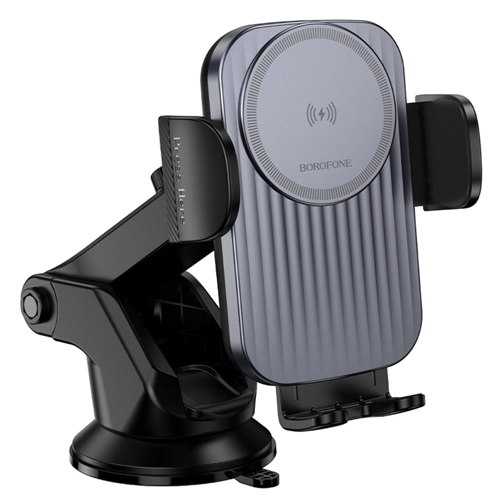 Borofone - Car Holder with Wireless Charging Leading (BH222) - for Dashboard/Windshield, Secure Grip, 15W - Black Metal 