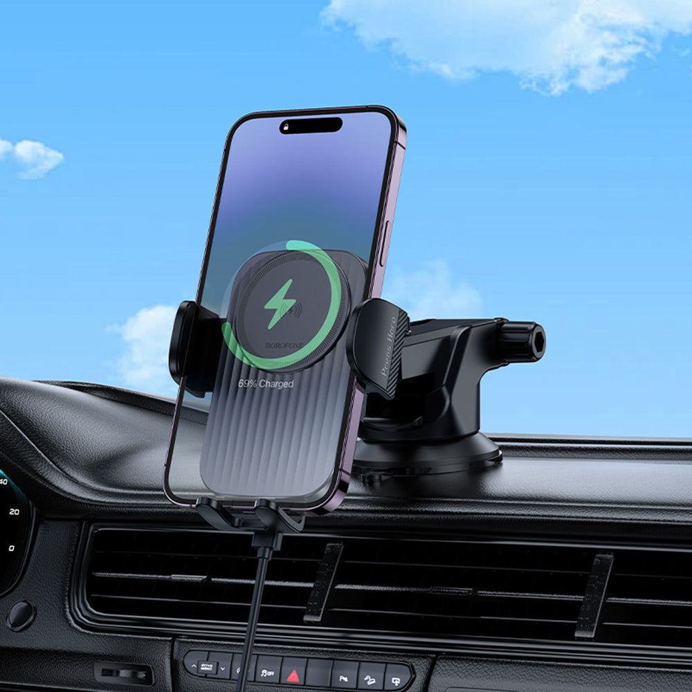 Borofone - Car Holder with Wireless Charging Leading (BH222) - for Dashboard/Windshield, Secure Grip, 15W - Black Metal 