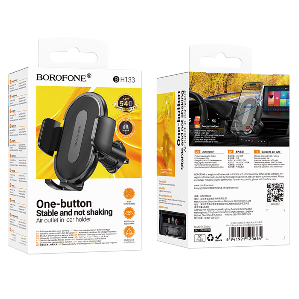 Borofone - Car Holder Rio (BH133) - for Air Vent, 360° Adjust, ABS Silicone, 4.5–7" - Black