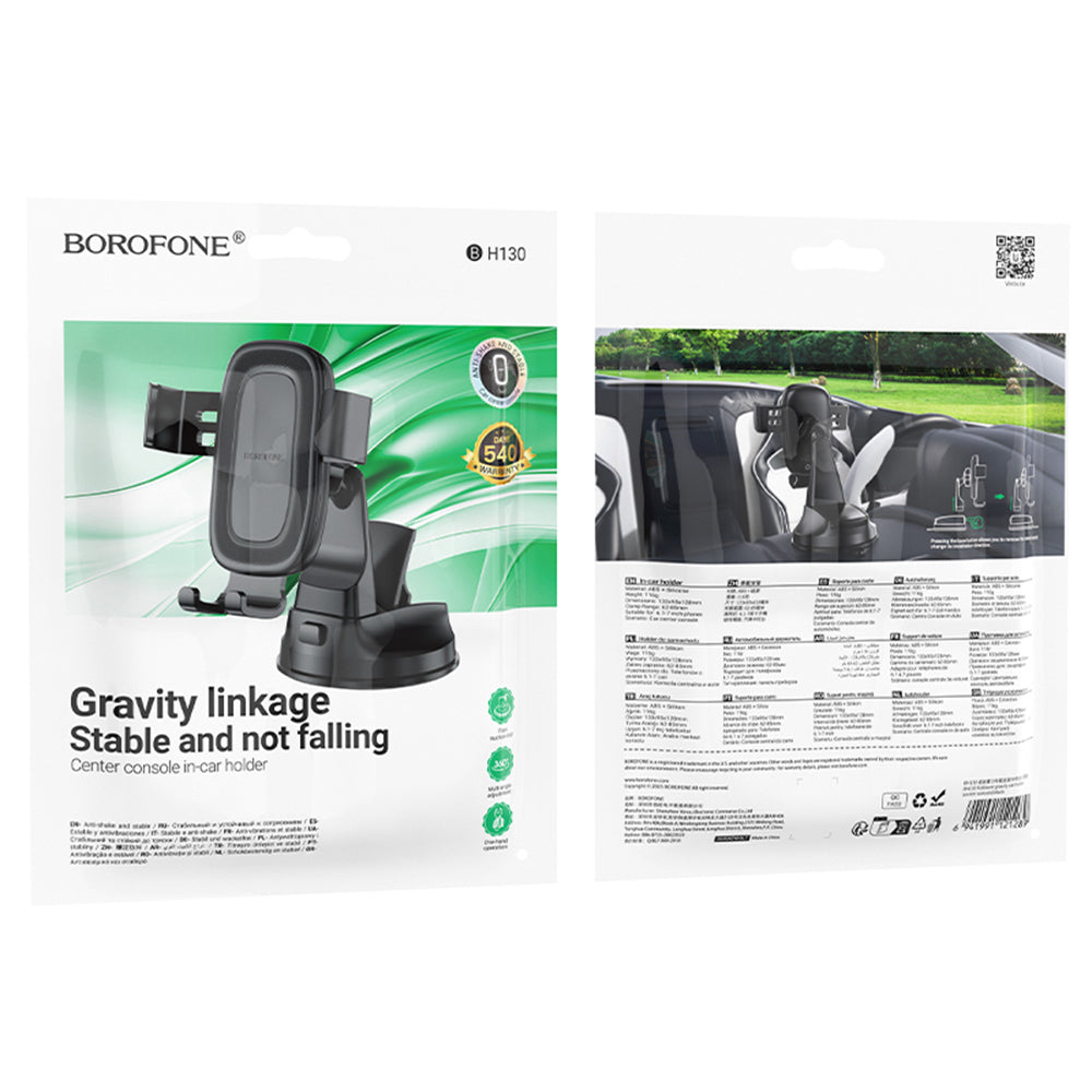 Borofone - Car Holder Follower Gravity (BH130) - for Dashboard/Windshield, 360° Adjust, ABS, Silicone, 6.1-7" - Black