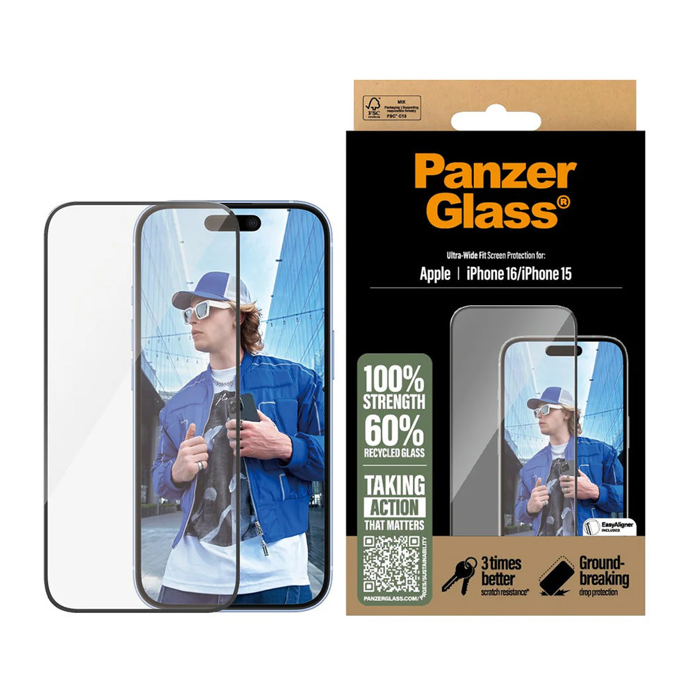 PanzerGlass® - Ultra-Wide Fit Screen Protector - iPhone 16 / iPhone 15 - Black