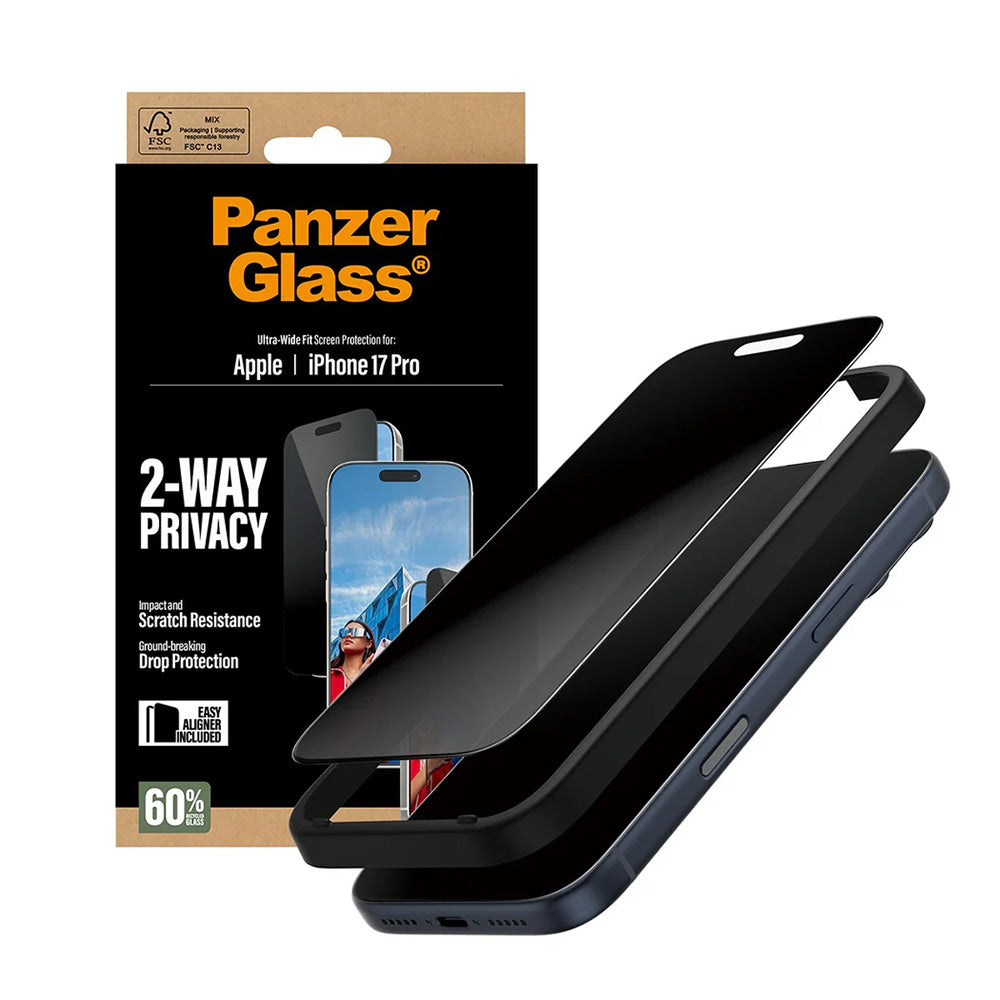 PanzerGlass® - Ultra-Wide Fit 2-Way Privacy Screen Protector w. EasyAligner - iPhone 17 Pro - Black