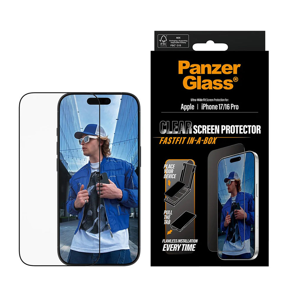 PanzerGlass® - Ultra-Wide Fit Screen Protector w. FASTFIT IN-A-BOX - iPhone 17 / iPhone 16 Pro - Black