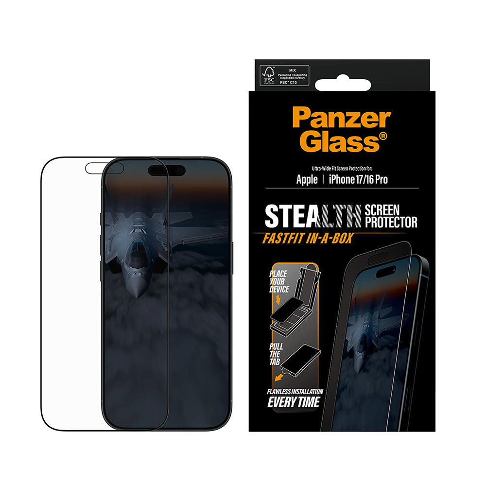 PanzerGlass® - Ultra-Wide Fit Stealth Screen Protector w. FASTFIT IN-A-BOX - iPhone 17 / iPhone 16 Pro - Black